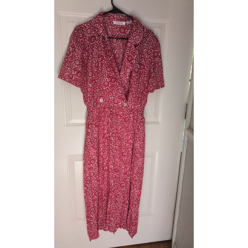 Talbots Red Floral Maxi Dress Pleated Bottom, Open Button Top, SZ10, Cottage